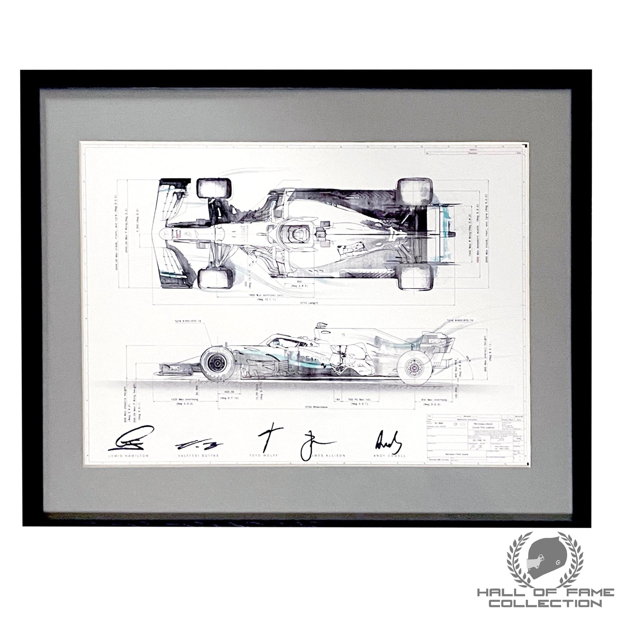 2019 Lewis Hamilton Valtteri Bottas Toto Wolff James Allison Andy Cowell Signed Mercedes W10 F1 Framed Print