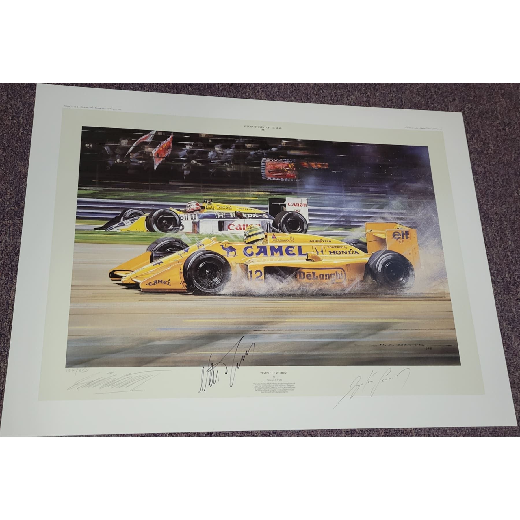Triple Champion Unframed Watts Print Signed by Senna & Piquet