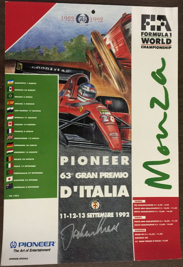 1992 Italian GP Poster Autographed by Jochen Mass