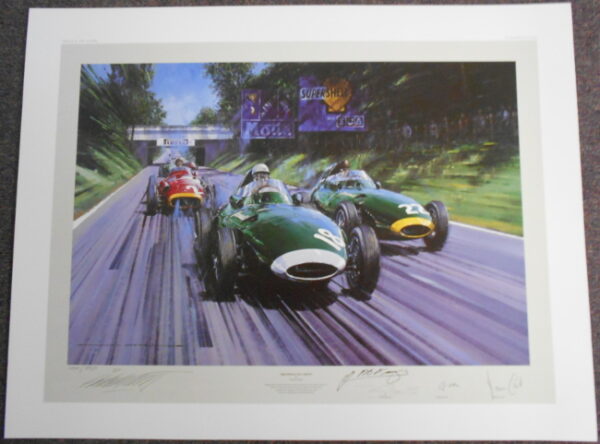 British Racing Green Signed by Moss, Brooks, Costin & Fangio