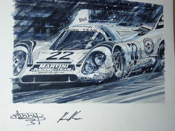 Martini Porsche Pencil Study Signed by Van Lennep & Marko