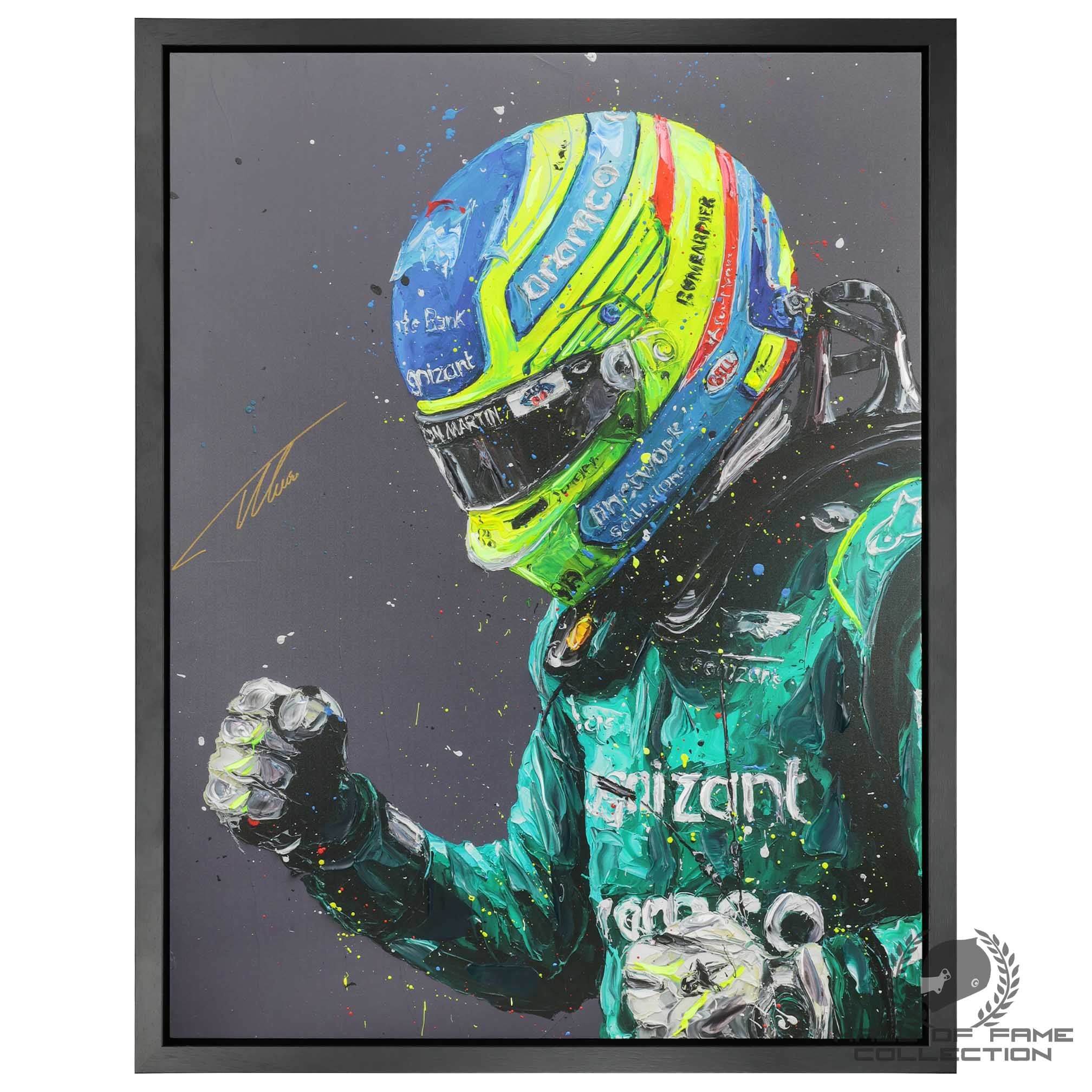 2023 Fernando Alonso Signed Aston Martin Hand Embellished Portrait Print Paul Oz Artwork